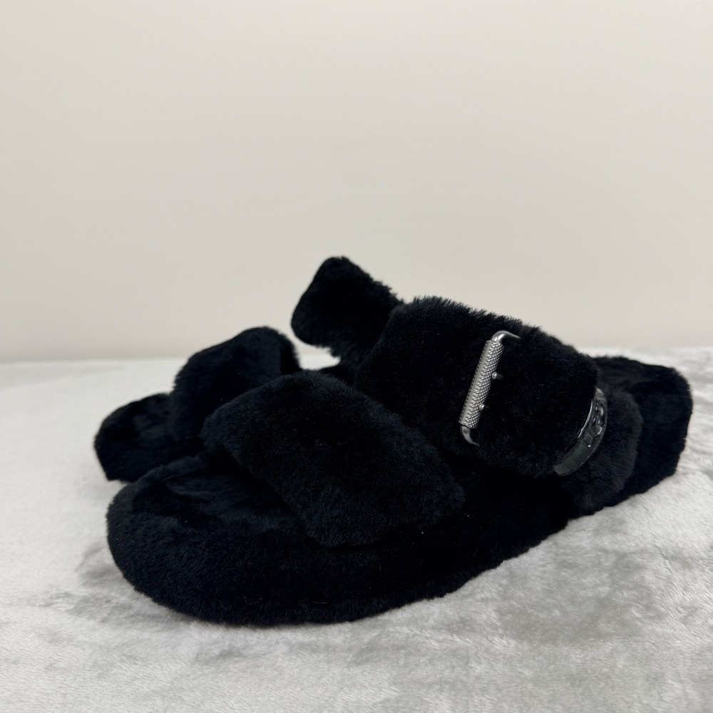 UGG Fuzz Sugar Slide Sandals Black Sheepskin‎ Platform 1104662 Womens Size 9